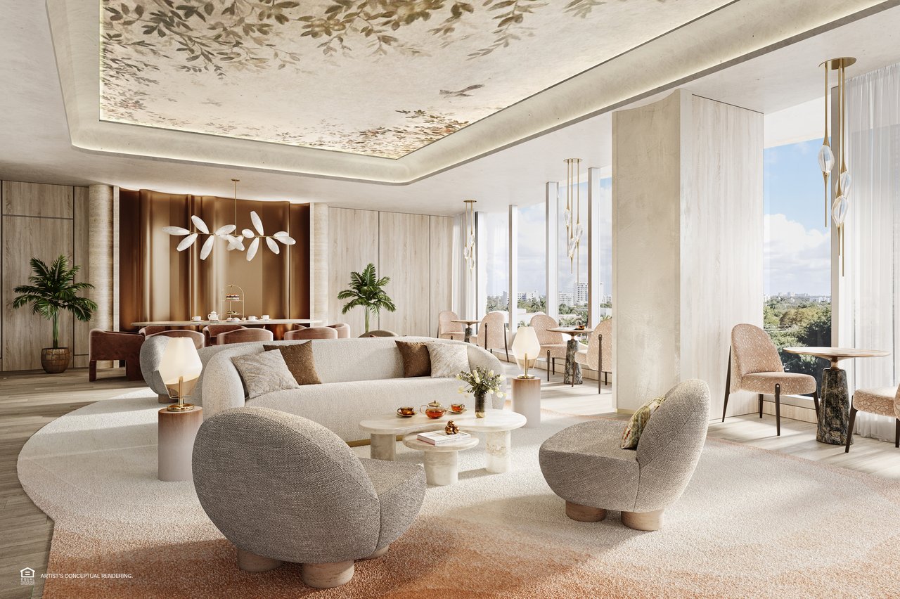 Luxury living room with curved neutral seating, a floral ceiling inset, and floor-to-ceiling windows.