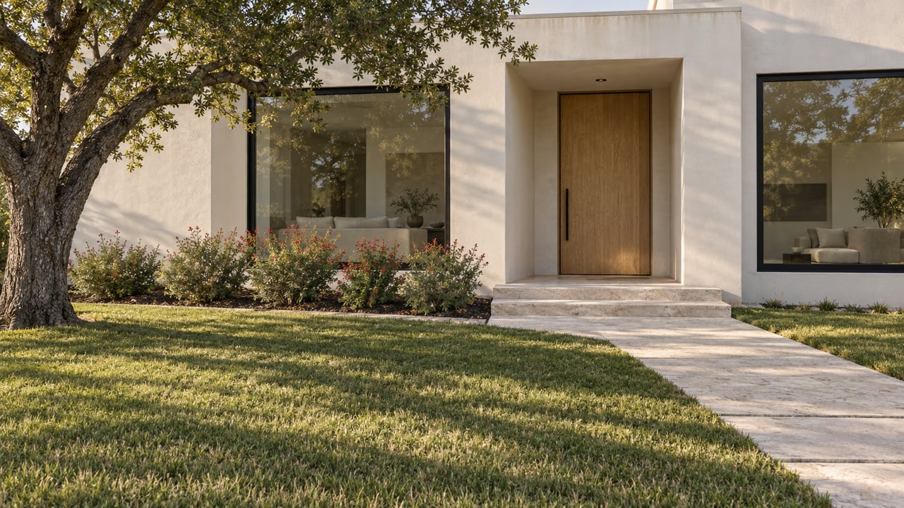 Contemporary warm-white stucco home with dark-framed windows, limestone entry steps and a deep lawn beneath a spreading live oak.