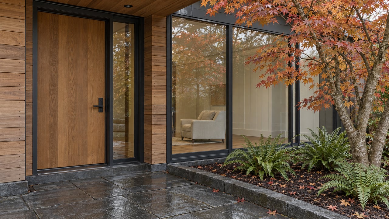 Rain-darkened basalt landing outside a cedar-clad home with a warm oak door, dark-framed glazing and amber vine maple leaves.