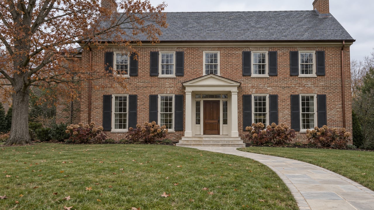 A brick estate with a slate roof, ivory entry trim and limestone walkway across a deep late-autumn lawn, beside a copper-leaved beech.