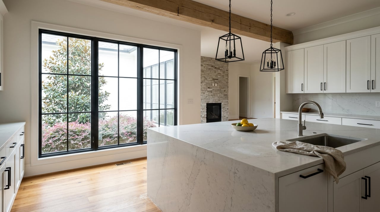 Open-plan kitchen with a pale quartz island, white shaker cabinets, black pendants, and a stone fireplace beyond.