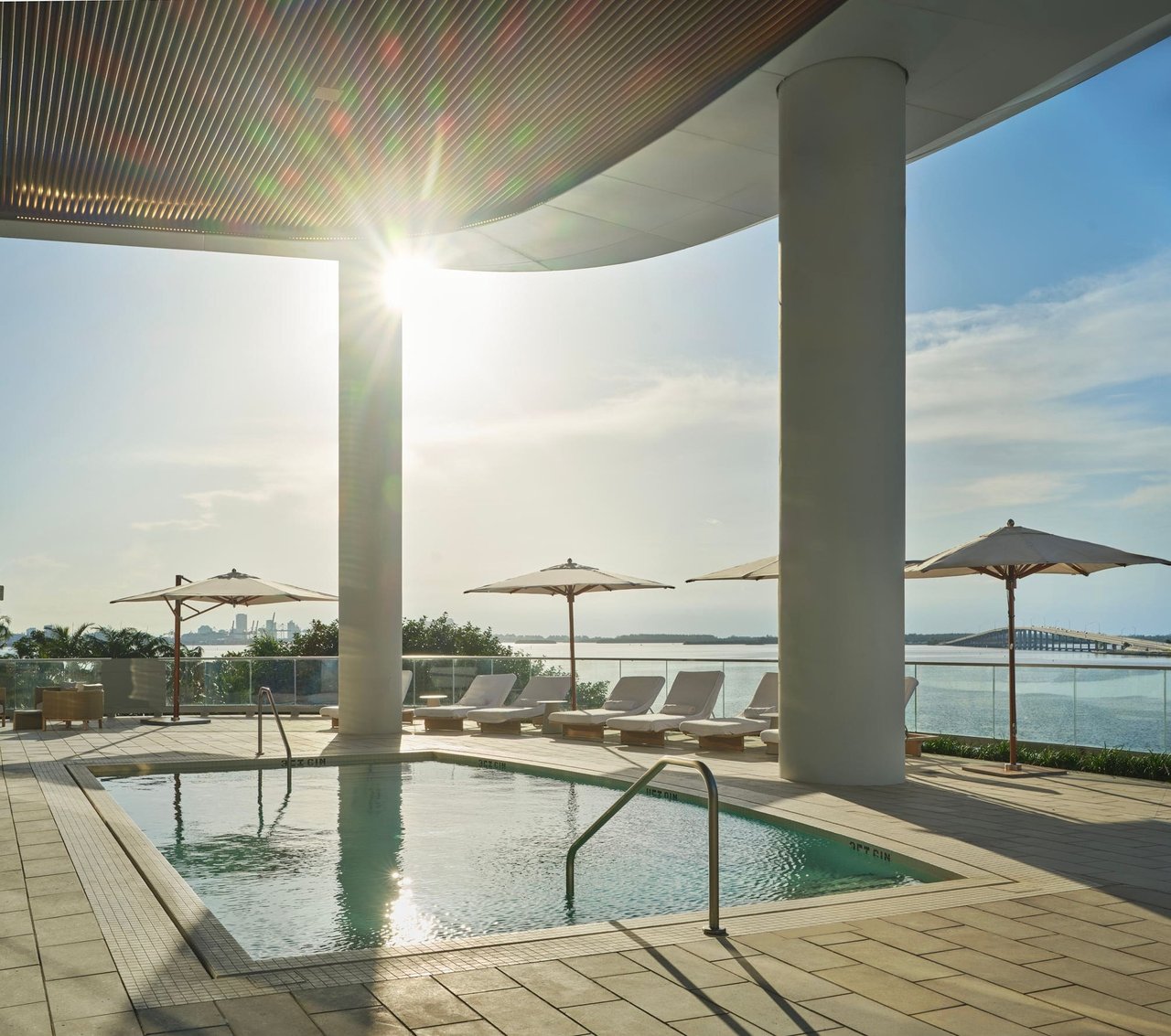 Bayfront Pool at UNA Residences on the Brickell waterfront in Miami, Florida.
