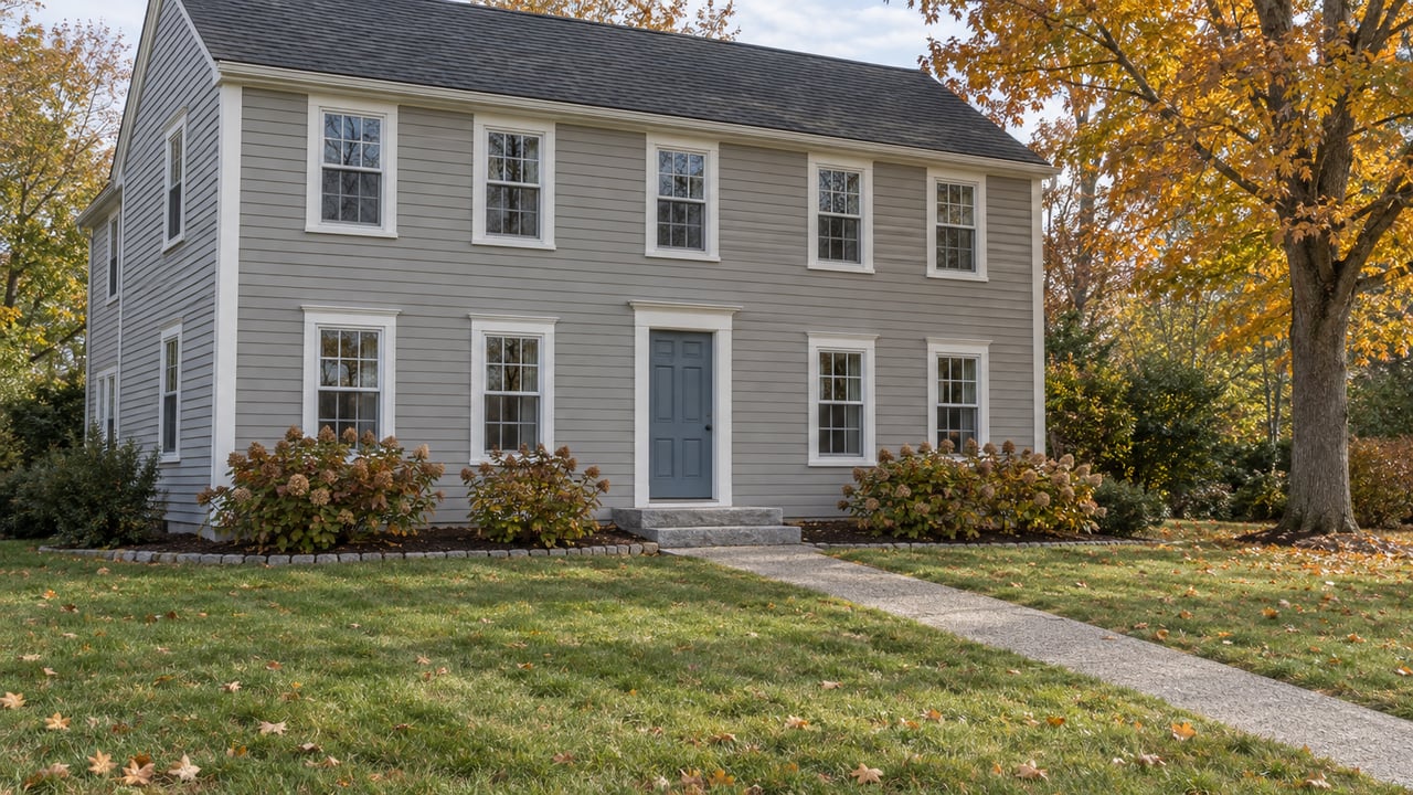 Gray clapboard home with white multipane windows, a blue front door, granite steps and a deep autumn lawn beneath an amber maple.