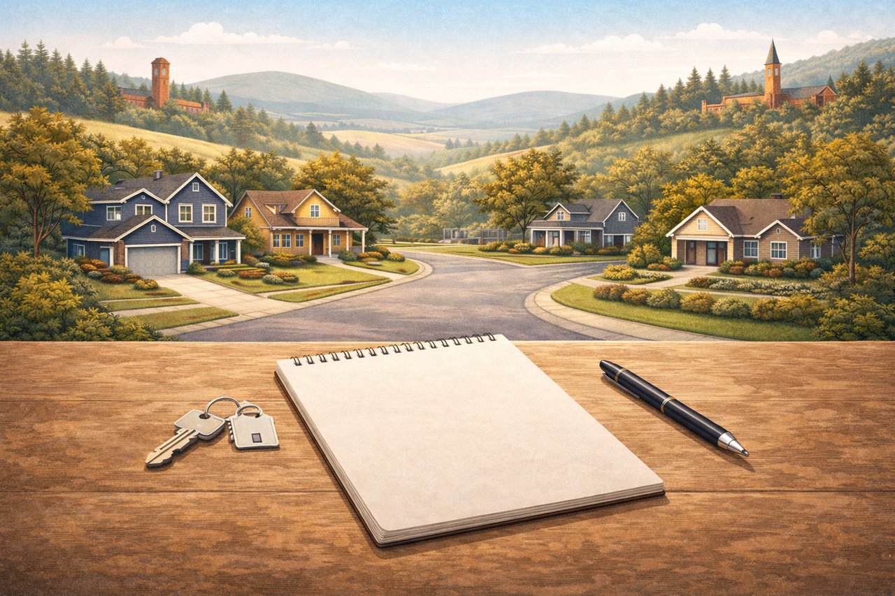 Palouse style illustration showing a welcoming first time home buyer consultation concept in Pullman and Moscow with no text.