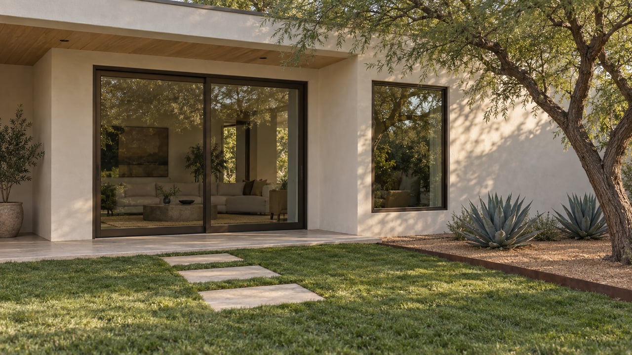 Stucco home with dark-framed sliding door, lawn, limestone stepping stones, and mature tree.