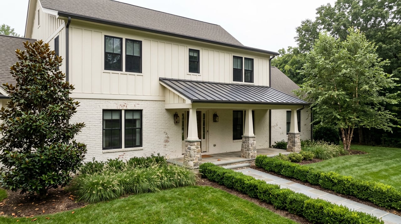Two-story cream farmhouse with a stone-column porch, dark metal roof, and bluestone path through lawn.
