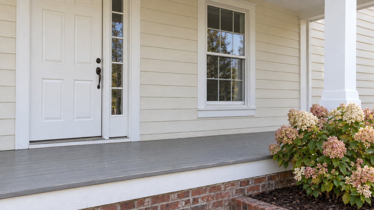 Close view of a cream-sided home's white front door and double-hung window above a gray wooden porch, with pink autumn hydrangea blooms beside the brick foundation.
