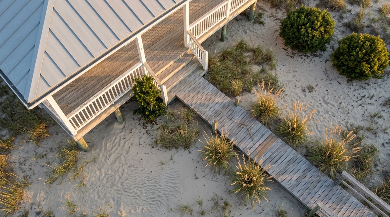 Elevated cottage deck beside a sandy yard, with a plank boardwalk winding through dune grass.