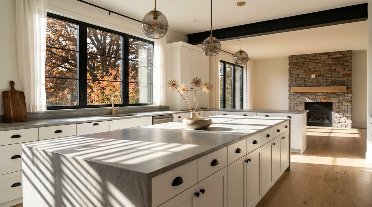 Kitchen island with veined gray counters, sunlight bars, brass pendants, and stone fireplace beyond.