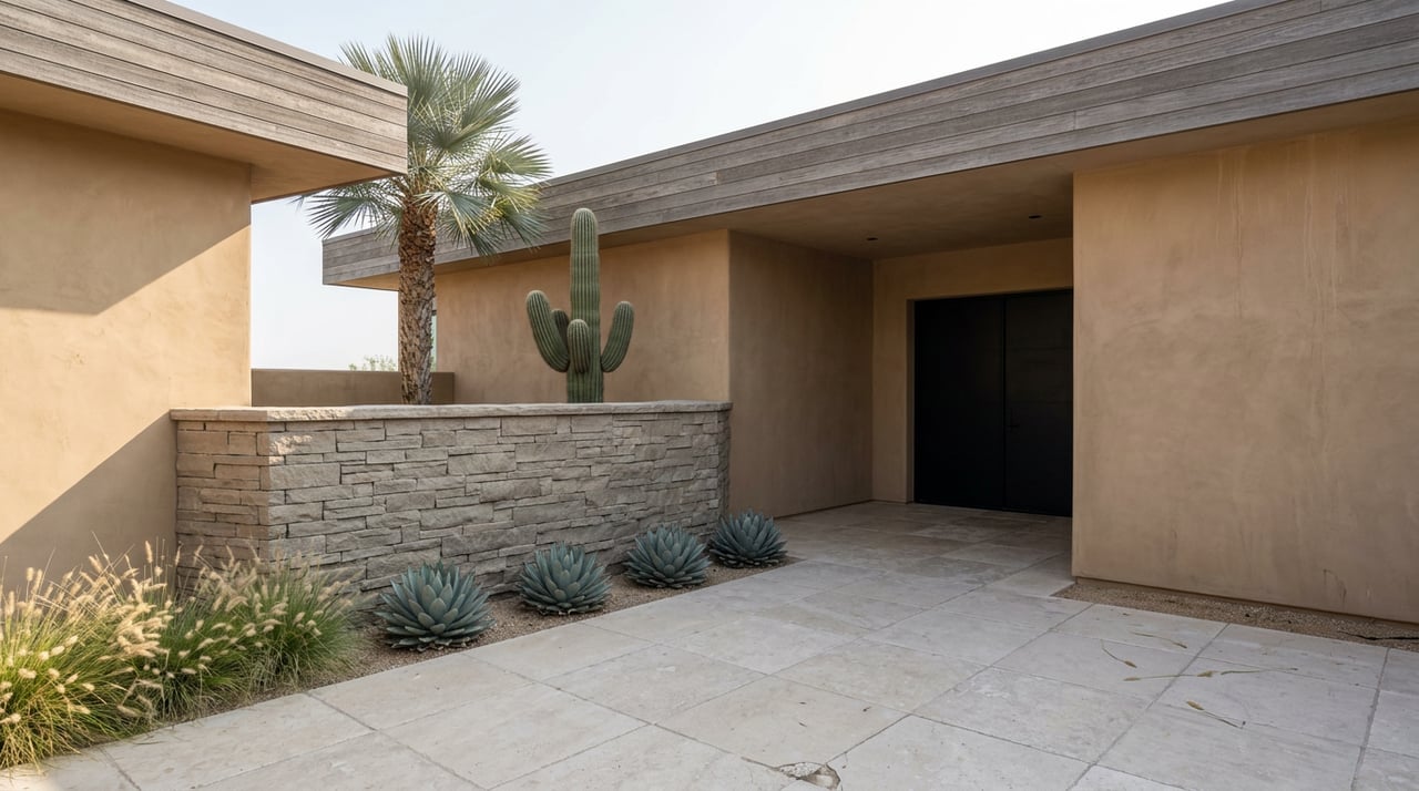 Desert courtyard entry with recessed black steel doors, a stone wall, agaves, and a tall saguaro.
