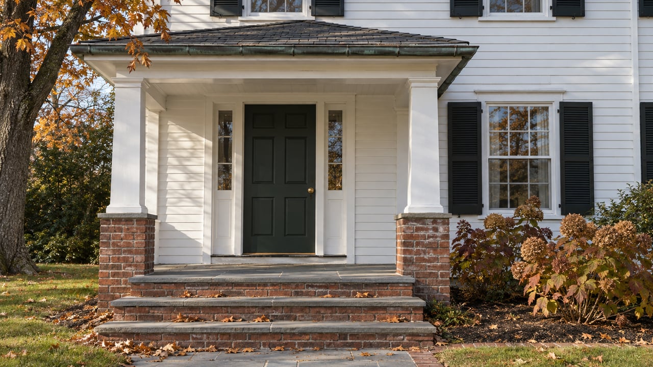 White clapboard house entrance with dark green door, slate-roofed porch, brick steps and sparse amber maple leaves.