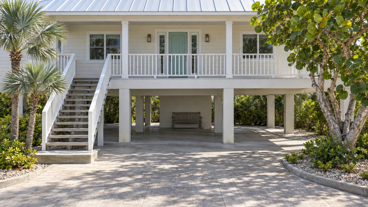 Sunlit elevated coastal home with a pale metal roof, aqua entry door, exterior stair and shaded concrete terrace beside sea grape and silver thatch palms.