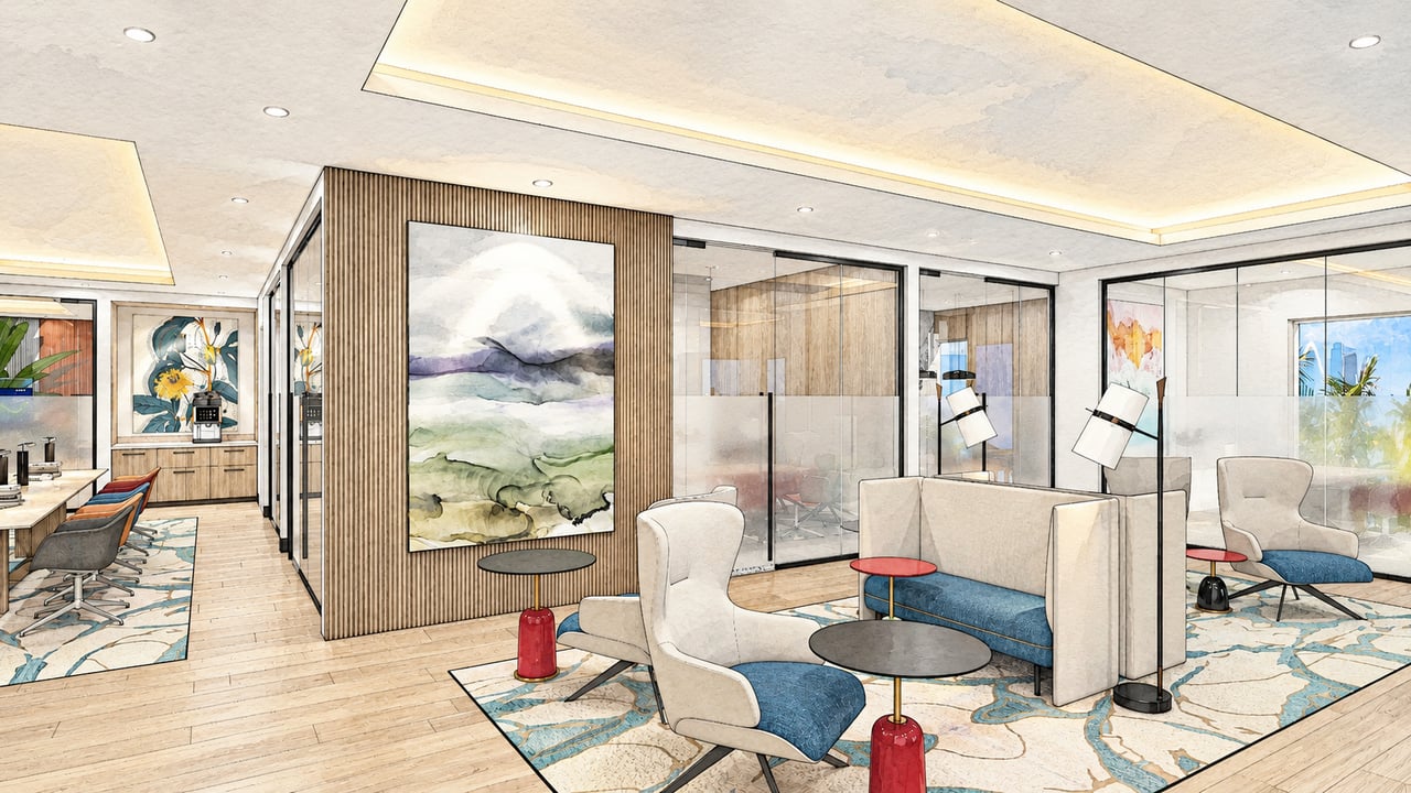 Saravela Sarasota lounge with upholstered seating, glass partitions, and abstract artwork
