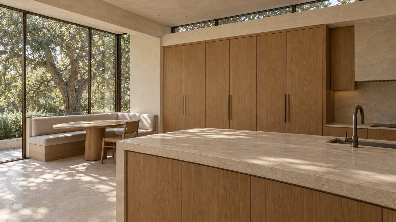 Limestone kitchen island facing oak cabinets and a window-side breakfast nook beneath a broad oak canopy.