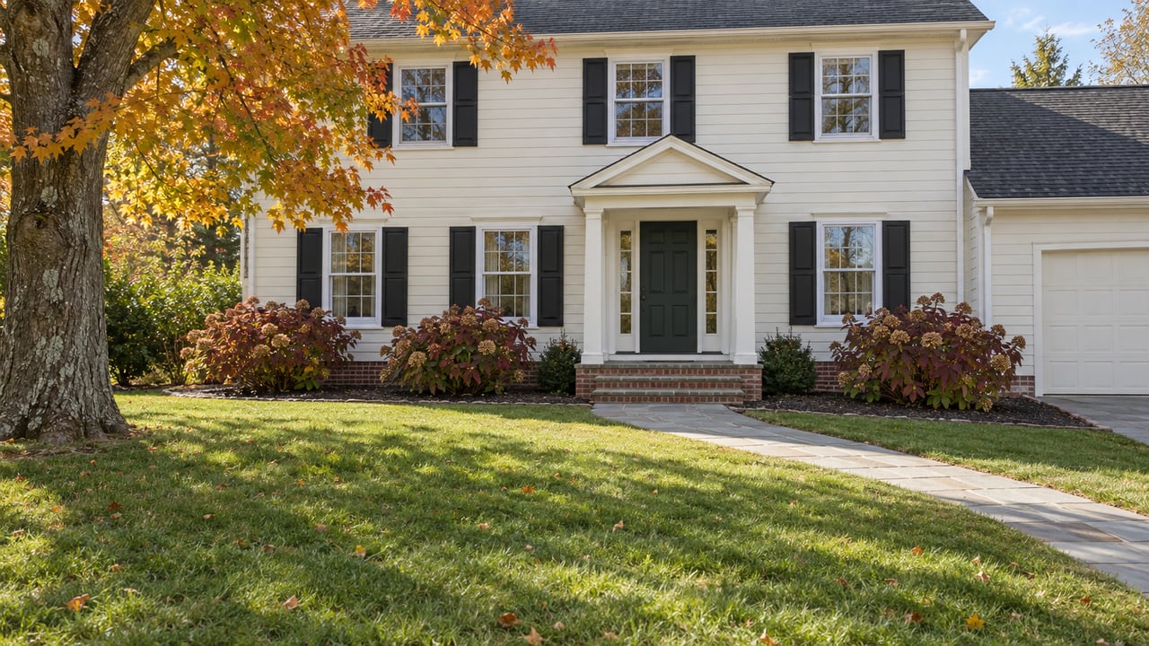 An ivory two-story home with black shutters, a brick entry, a broad lawn and an amber-leaved maple.