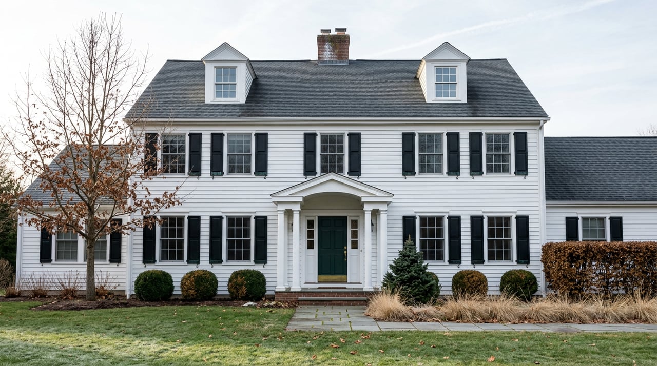 White Colonial home with black shutters, green door, brick steps, bare oak, and winter lawn.