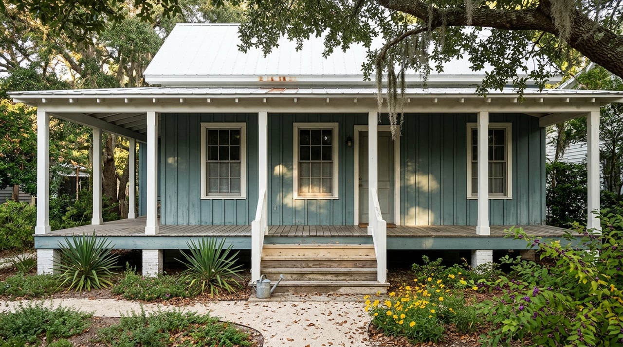 Blue-green raised cottage with white porch beneath live oak branches, shell path, yucca, and blooms.