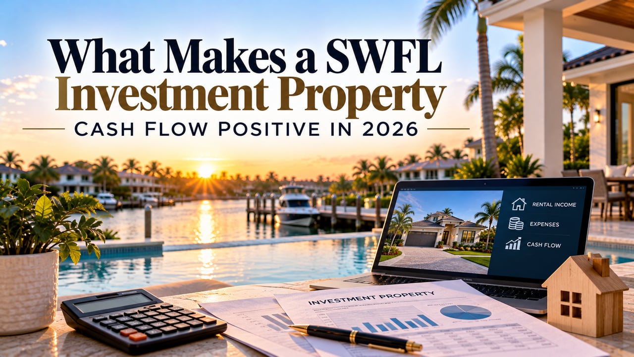 Southwest Florida waterfront investment property with a rental income analysis, calculator, and financial documents, illustrating how investors evaluate cash flow, mortgage costs, insurance expenses, and rental returns in the 2026 SWFL real estate market.