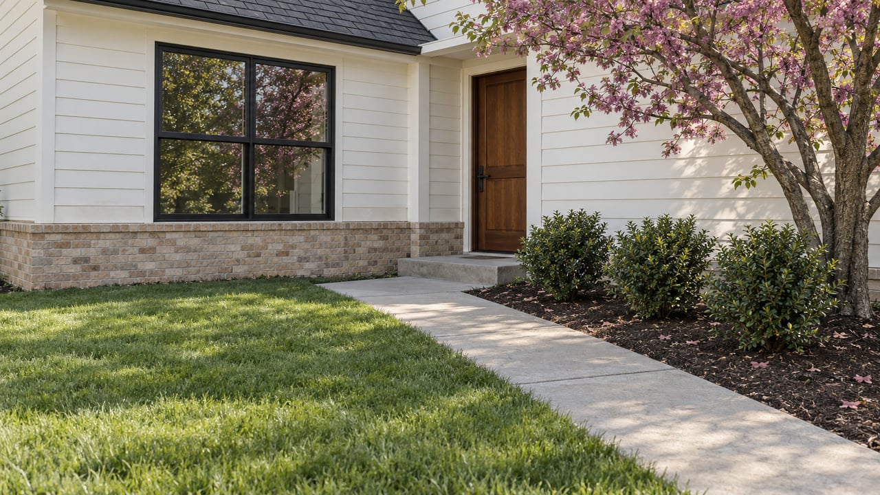 White clapboard house with a brown front door, black-framed window, concrete walk, lawn, and redbud tree.