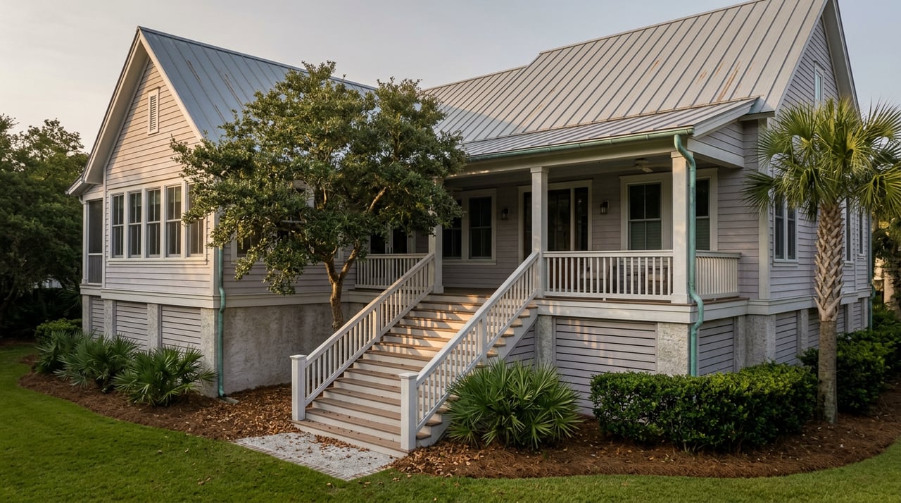 Elevated gray house with stacked porches, exterior staircase, live oak, and palmettos in the morning sun.