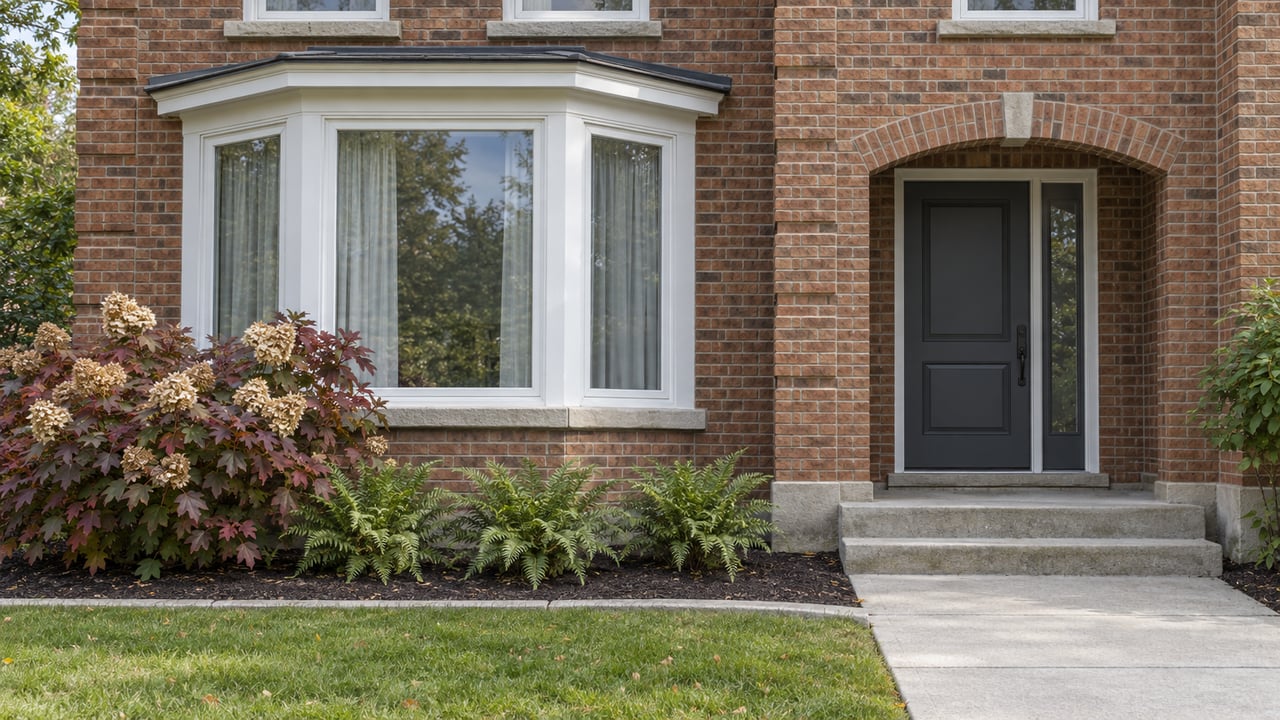 Close view of a red-brick home's bay window and recessed charcoal front door, with autumn hydrangea and a defined concrete approach.