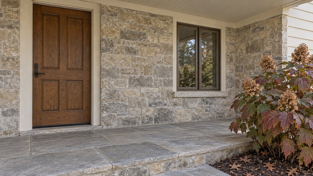 Covered entry with an oak door, pale limestone walls and landing, and burgundy oakleaf hydrangea beside a raised stone edge.