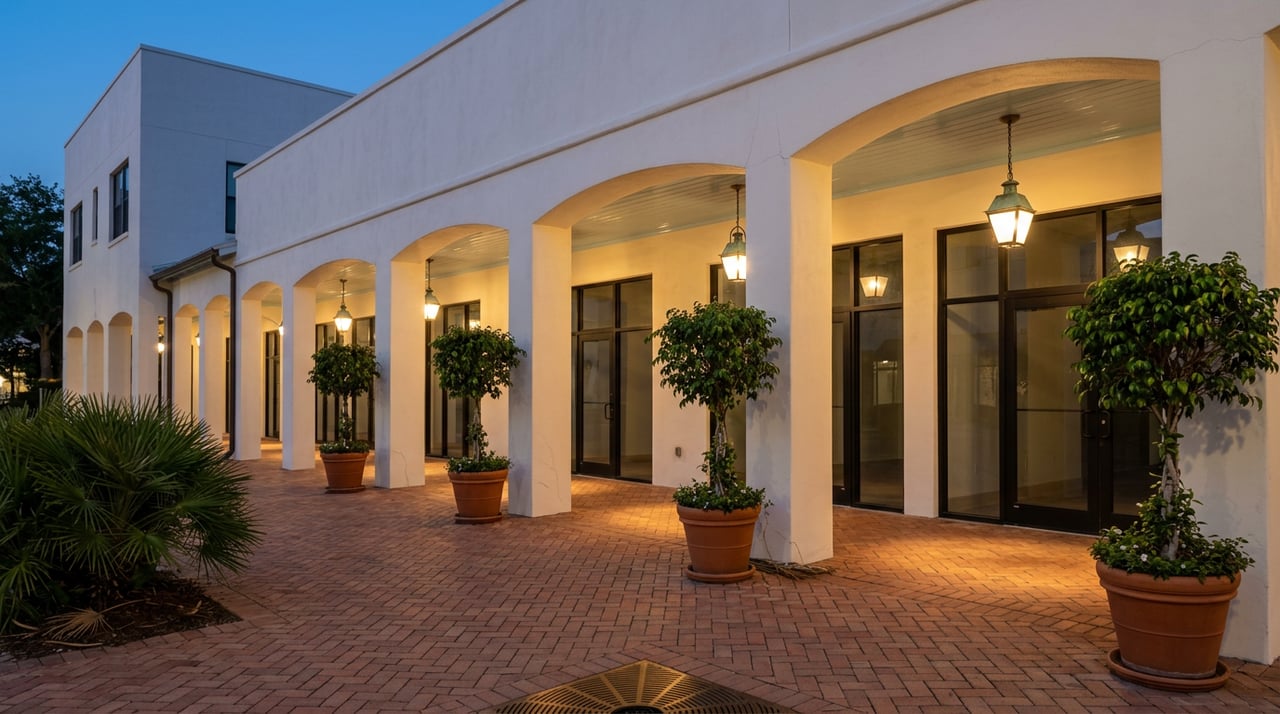 Dusk-lit colonnade with brass lanterns, stucco arches, terracotta pavers, and potted trees.
