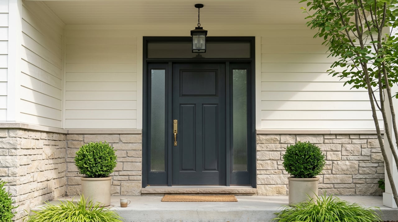 Charcoal paneled front door with brass hardware, frosted sidelights, limestone walls, and matching urns.