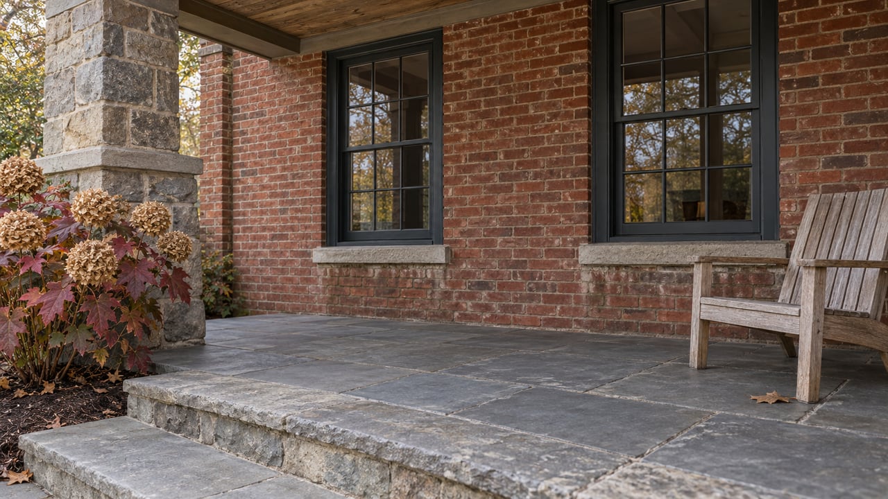 Covered brick porch with divided-light windows, fieldstone pier, bluestone steps and a weathered teak chair beside burgundy oakleaf hydrangea.