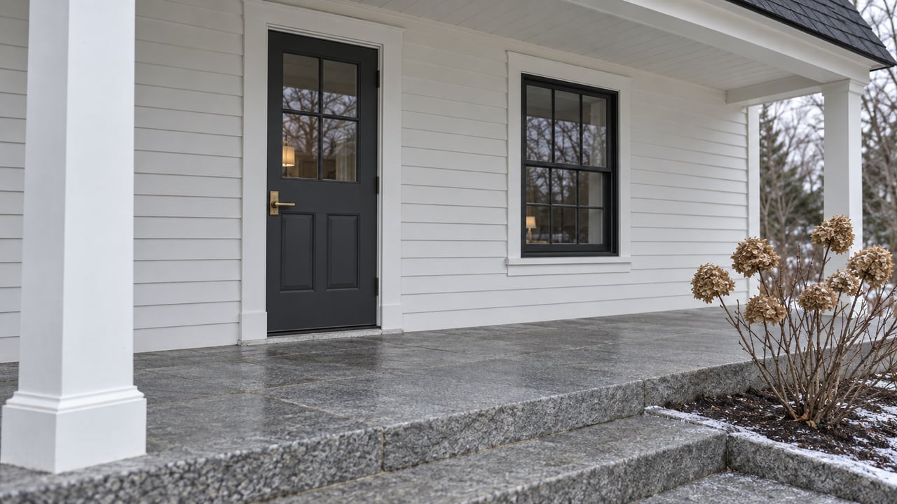 White clapboard home entry with a charcoal door, black-framed window and broad granite porch steps in soft winter daylight.