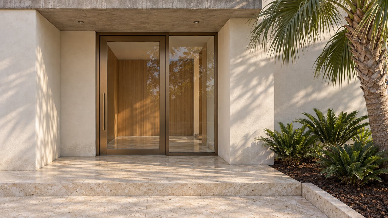 Morning light across a contemporary stucco home's limestone entry, bronze-framed glass door and sculptural palm planting.
