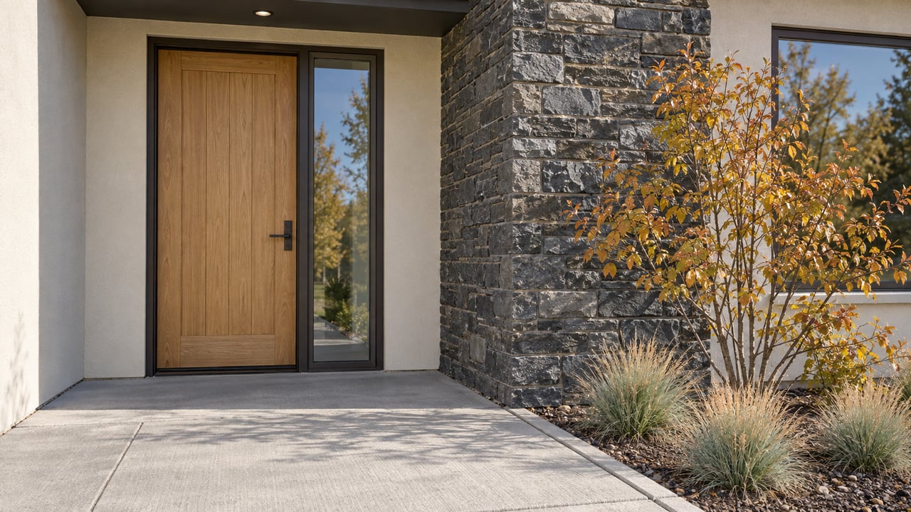 Sunlit stucco and basalt residential entry with an oak door, concrete approach and autumn serviceberry planting.