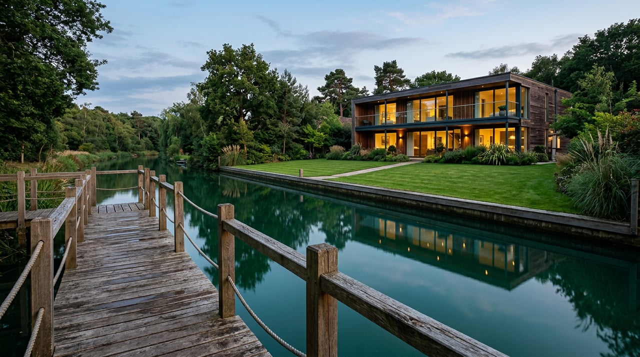Raised dock walkway overlooking a still canal, lawn, stone terrace, and modern two-story home.