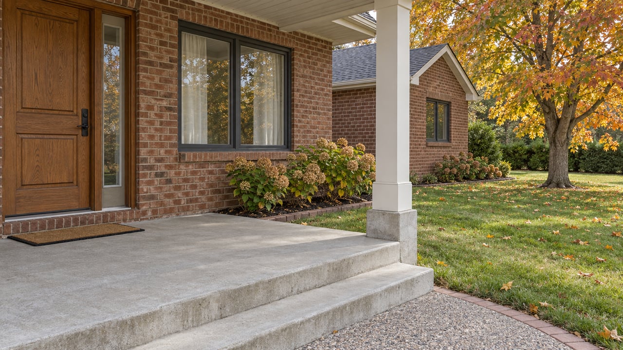 Brick home entrance with an oak door, concrete porch and steps overlooking an autumn maple and deep front lawn.