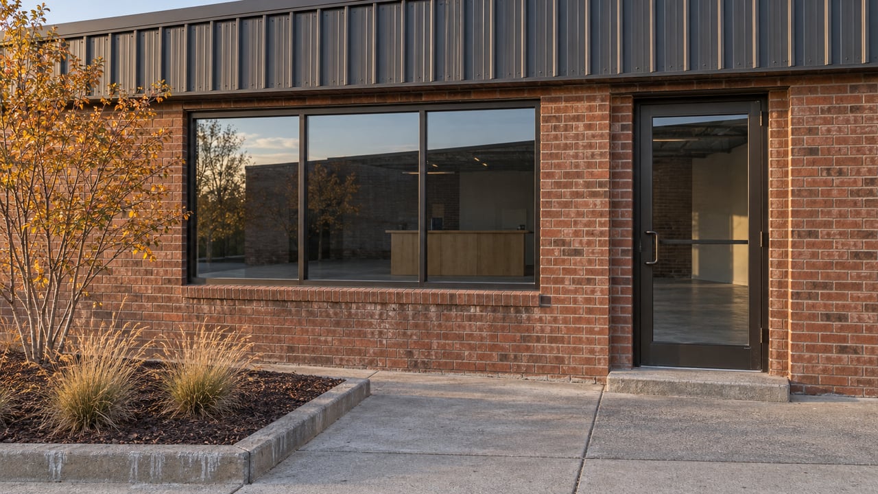 Red-brown brick commercial storefront with bronze-framed glazing, a concrete entry approach, and autumn serviceberry planting.