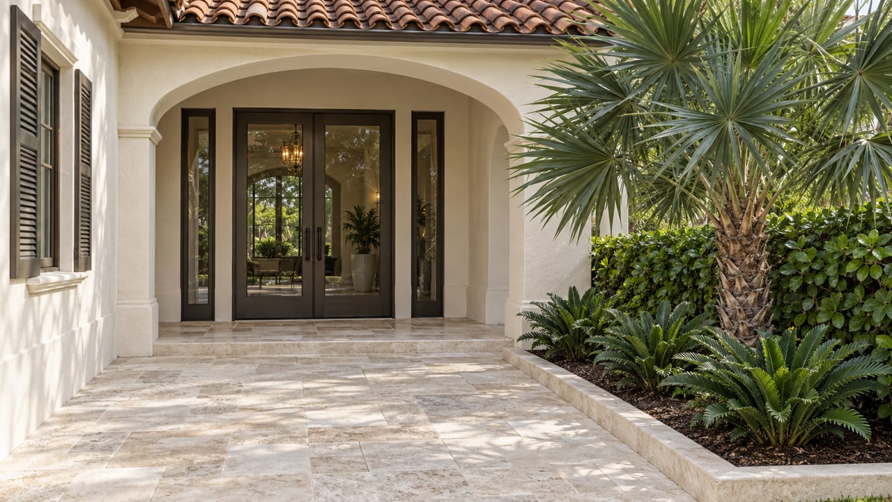 Cream stucco arched entry with glazed bronze double doors, terracotta eaves, and a palm beside limestone paving.