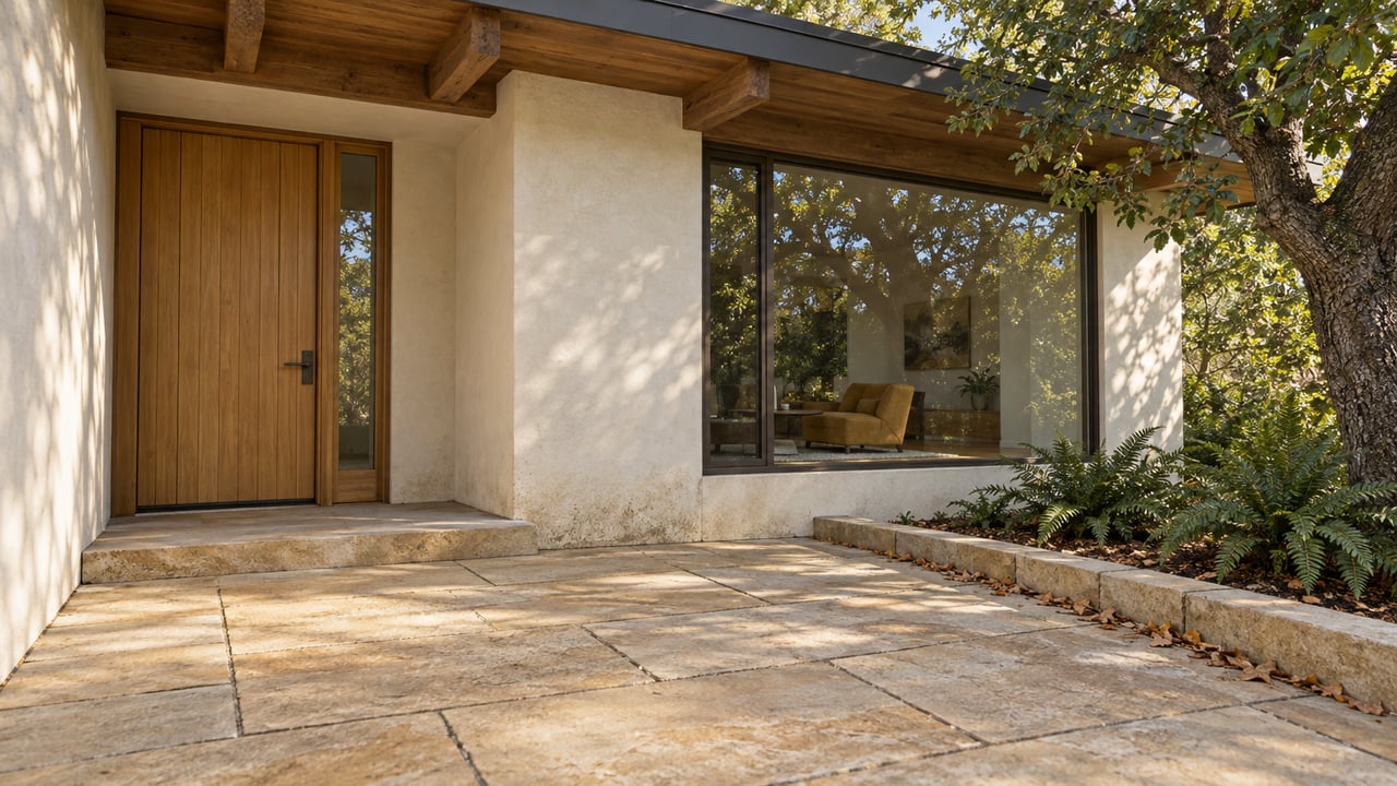 Woodland home entrance with pale stucco, timber roof, sandstone terrace and a mature live oak.