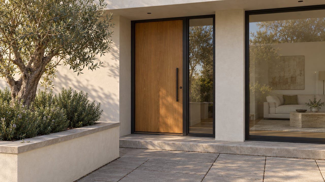 Oak entry door and glazed sidelight beneath a broad roof overhang, with an olive tree in a raised planter.