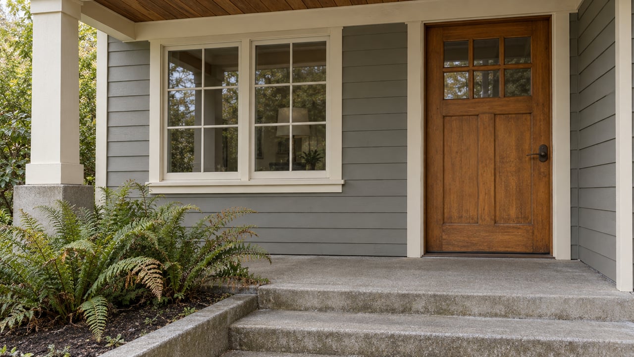 Covered house entrance with a honey-brown glazed wood door, gray cedar siding, cream window trim and concrete steps beside two sword ferns.