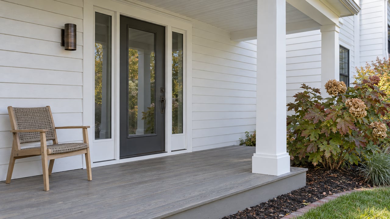 Covered porch with white lap siding, a charcoal glazed door and matching sidelights, a woven outdoor chair, and oakleaf hydrangea beside the raised deck.