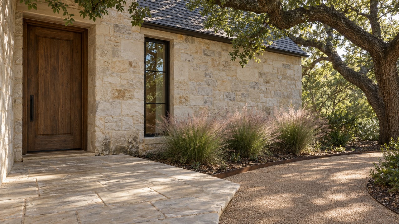 Limestone entry court with an oak door, narrow window, and granite path beneath twisting live-oak branches.
