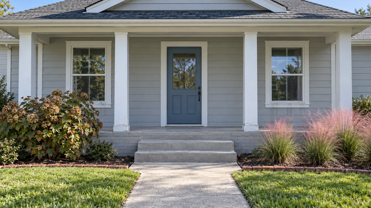 Pale-gray gabled house with a covered porch, blue entry door, concrete steps and autumn garden planting in bright daylight.