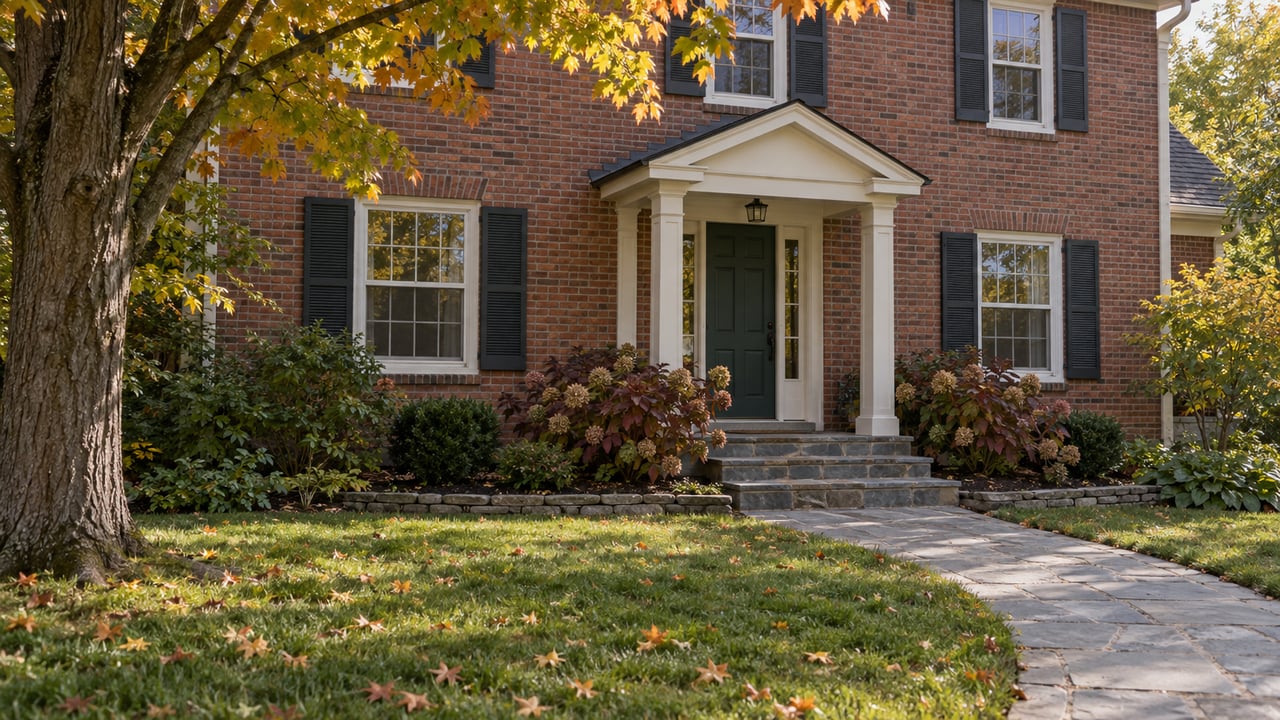 Brick detached home with a green front door, bluestone approach, and an amber-leaved maple in the front garden.