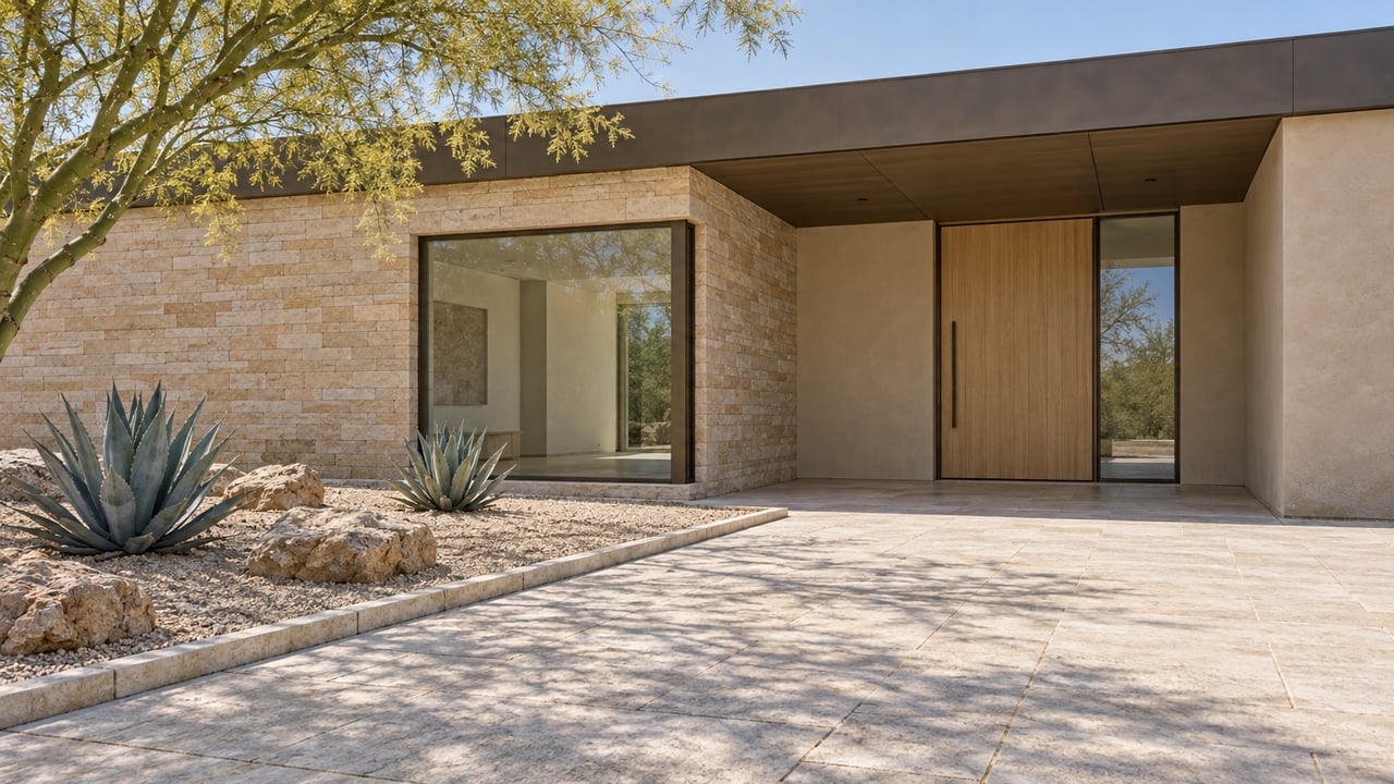 Contemporary desert home with a shaded oak entry, limestone walls, broad stone approach, and sculptural desert planting.
