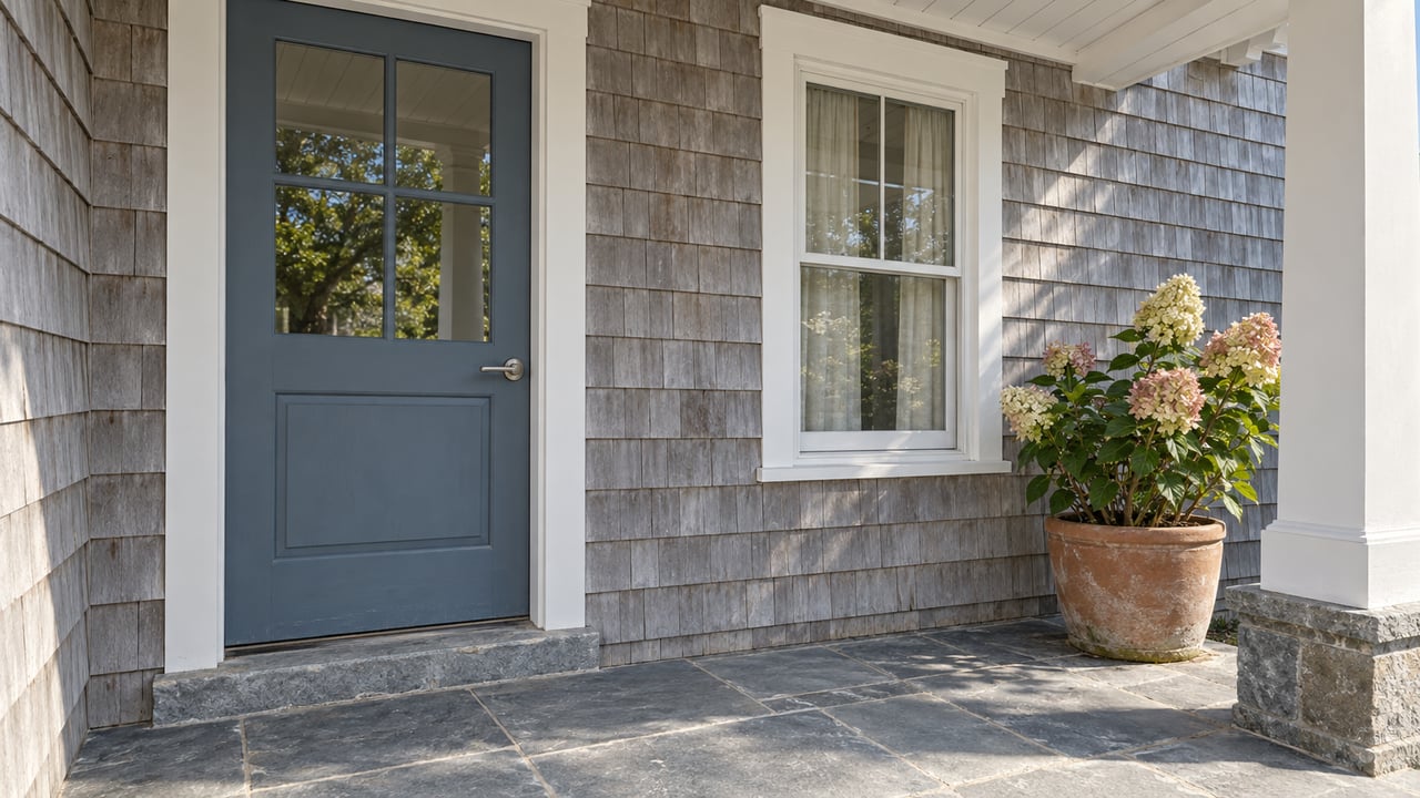 A sheltered cedar-shingled home entrance with a muted blue glazed door, stone landing and a potted flowering hydrangea.