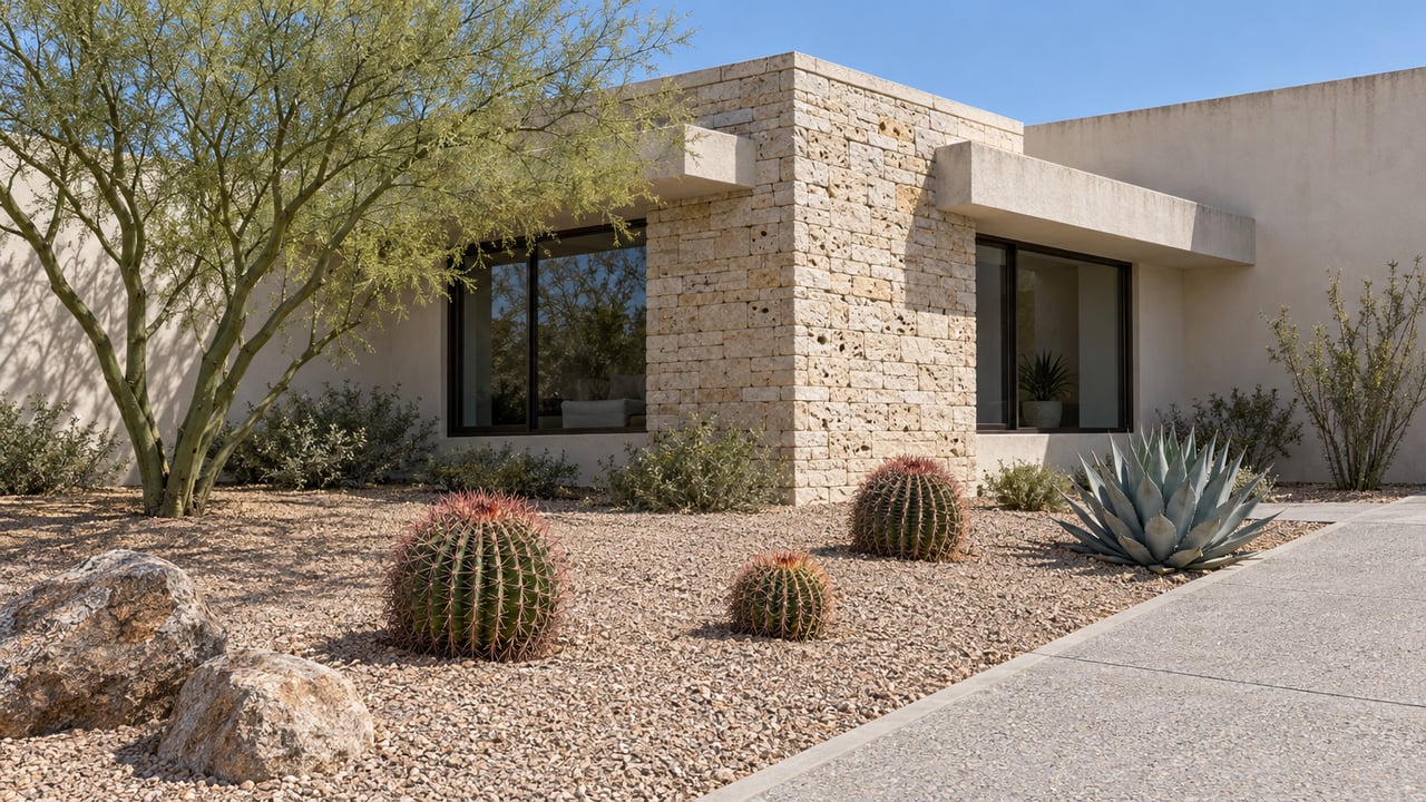 Low ivory stucco home with limestone corner, bronze-framed windows, and a gravel garden planted with a green-trunk tree, barrel cacti, and agave.