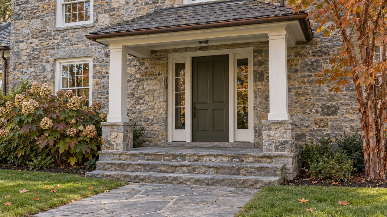 Stone home entrance with an olive door, paired glazed sidelights, white porch posts and broad flagstone steps beside autumn planting.