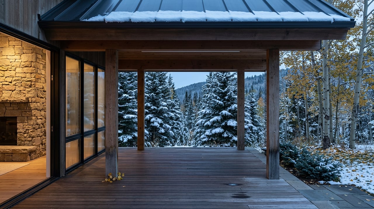 Snow-dusted terrace with timber posts, a stone fireplace, spruce trees, and golden aspen leaves at dusk.