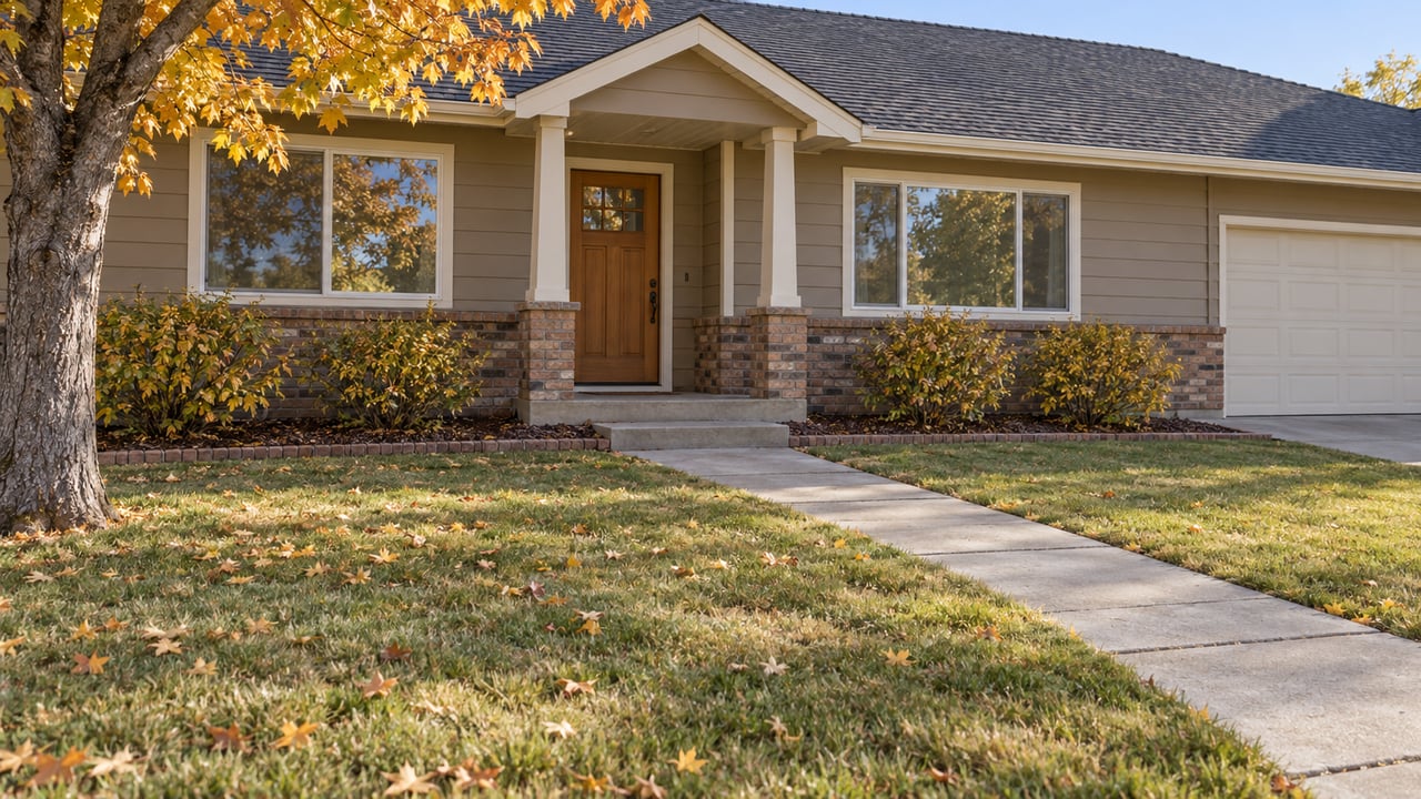 A warm neutral single-story home with a brick base, covered porch, broad front lawn and an amber-leaved maple in clear autumn daylight.