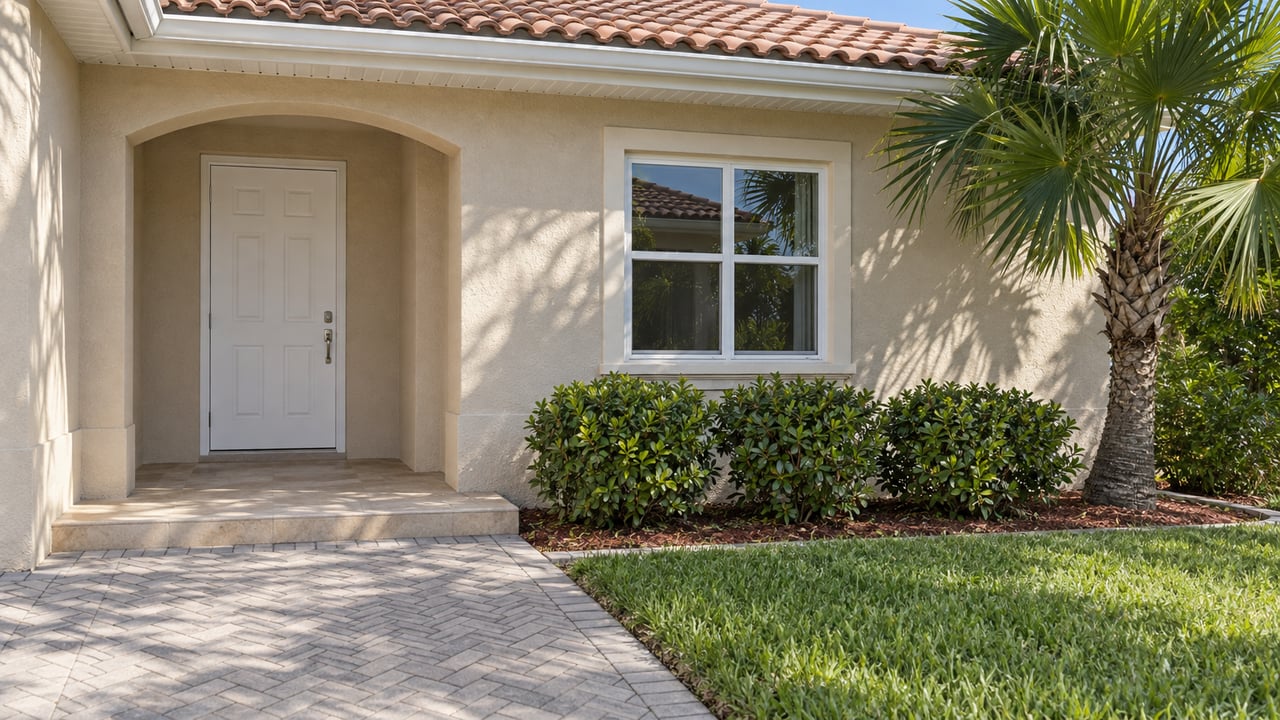 Sunlit beige stucco home entry with a white door, terracotta-toned roof tiles, gray pavers and a fan palm beside a green lawn.